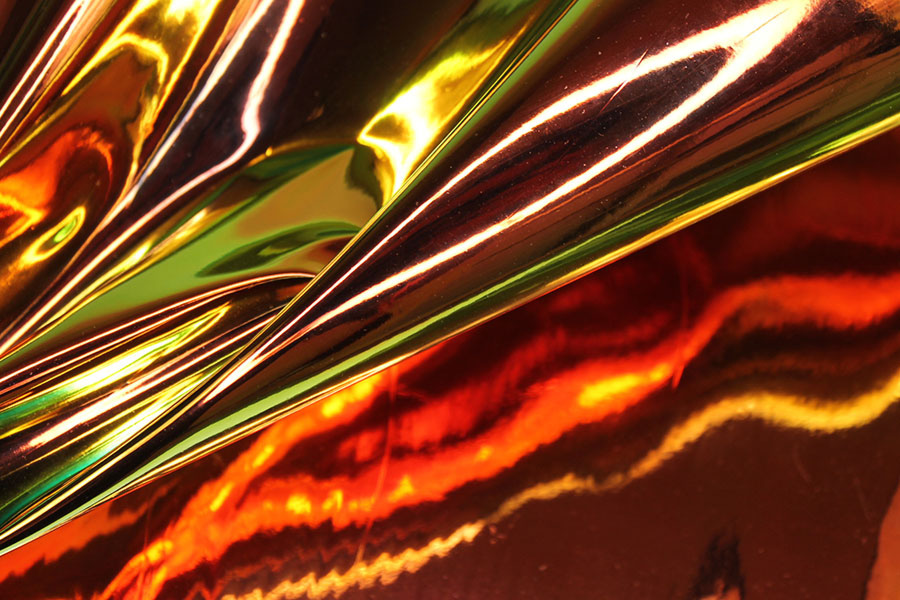 BACK IN STOCK - Iridescent Mirror PVC - Green/Orange on Black fabric, image 6 of 7