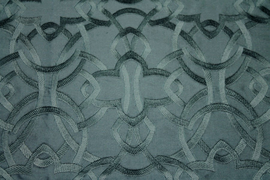 Geometric Embroidered Silk Dupion - Teal fabric, image 5 of 7