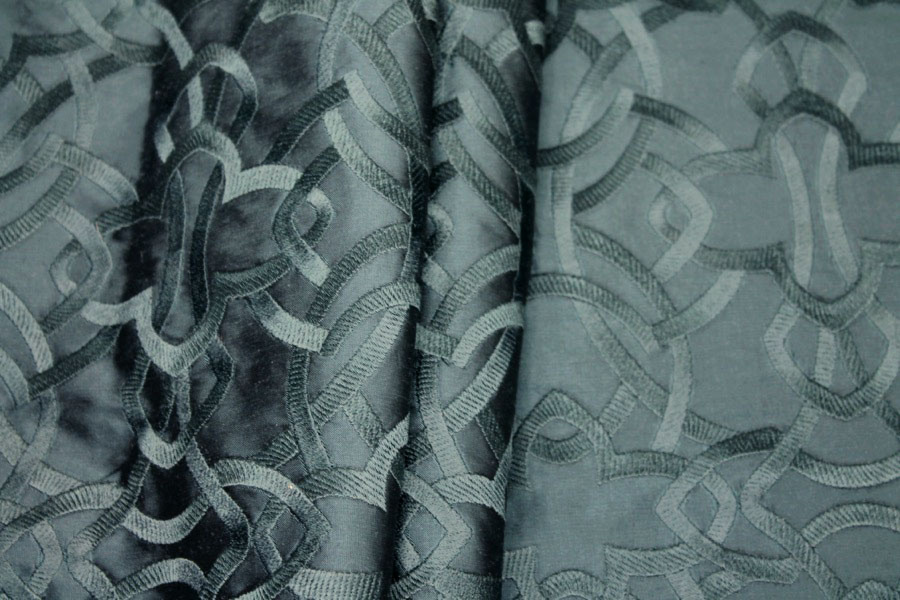Geometric Embroidered Silk Dupion - Teal fabric, image 2 of 7