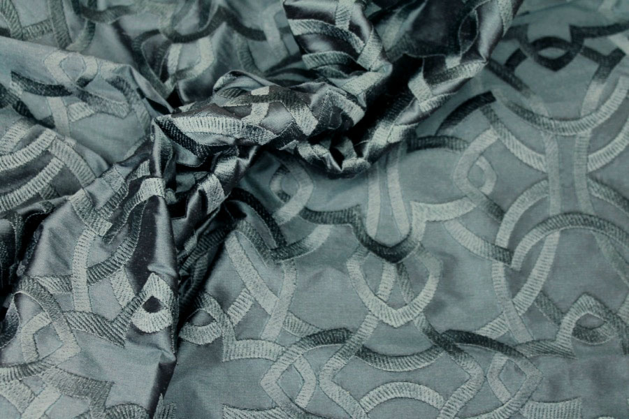 Geometric Embroidered Silk Dupion - Teal fabric, image 4 of 7
