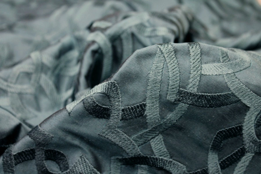 Geometric Embroidered Silk Dupion - Teal fabric, image 6 of 7