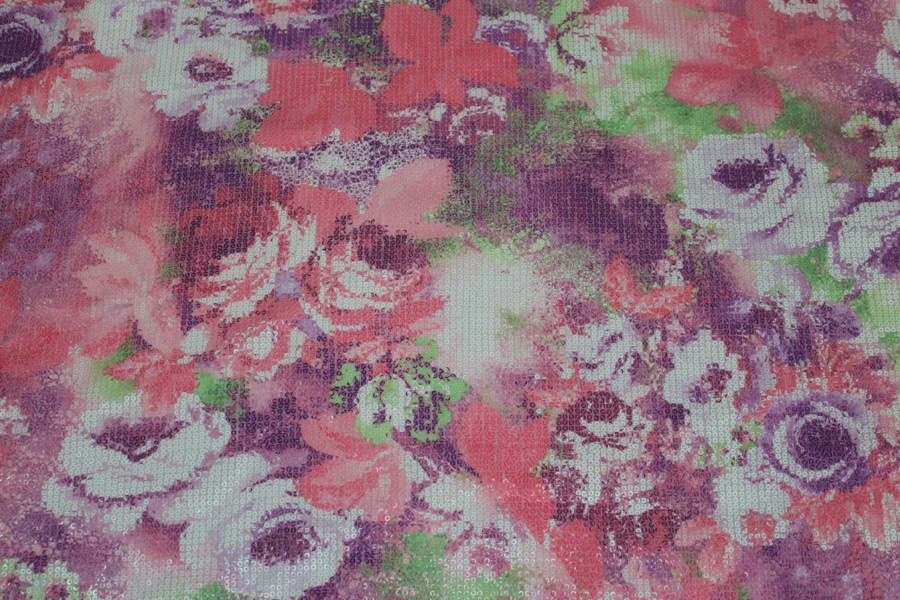 Floral Printed Sequin On Stretch Tulle fabric, image 4 of 7