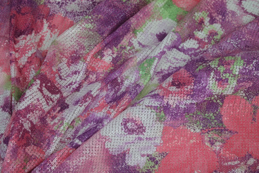 Floral Printed Sequin On Stretch Tulle fabric, image 6 of 7