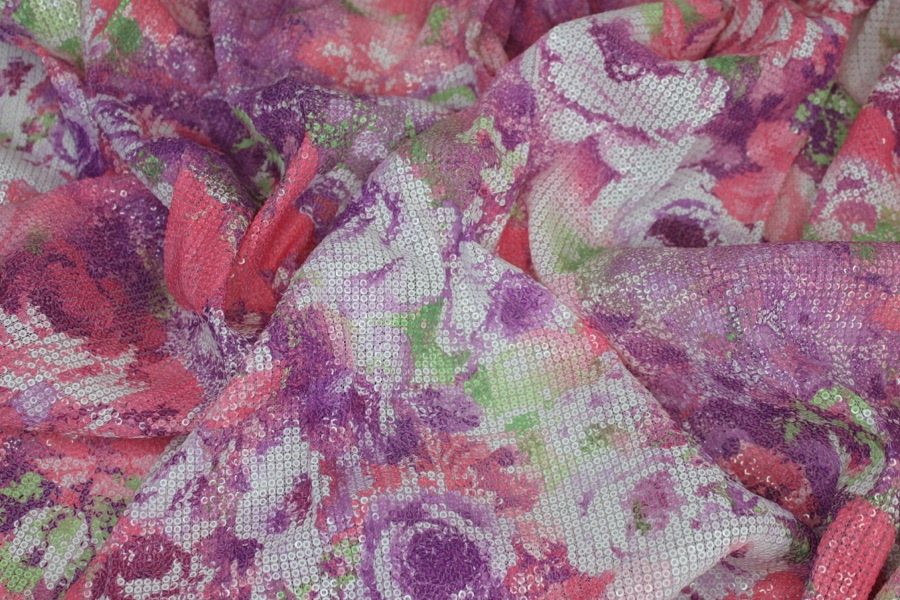Floral Printed Sequin On Stretch Tulle fabric, image 5 of 7