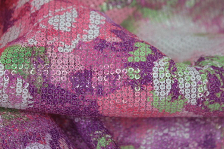 Floral Printed Sequin On Stretch Tulle fabric, image 3 of 7
