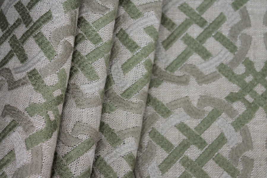 Green and Beige Celtic Knot Embroidered Linen fabric, image 3 of 8