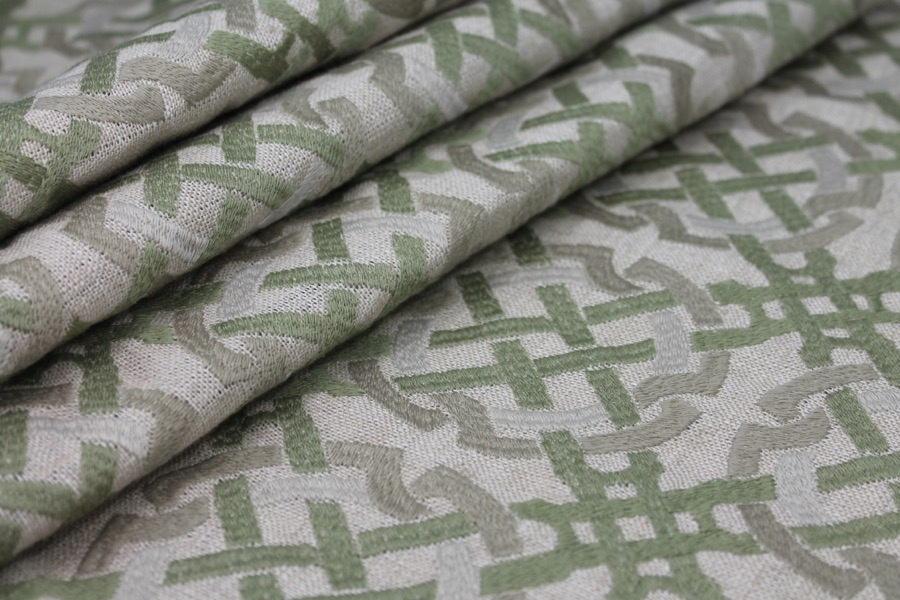 Green and Beige Celtic Knot Embroidered Linen fabric