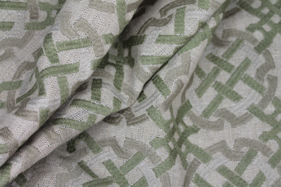Green and Beige Celtic Knot Embroidered Linen fabric, image 4 of 8