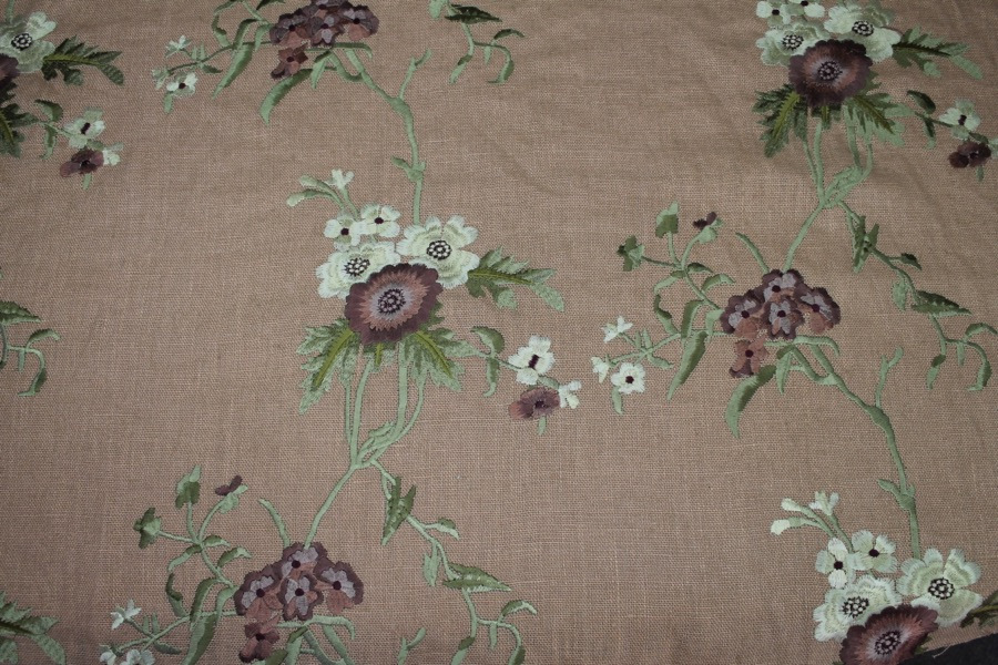 Floral Embroidered Linen in Plum and Pale Green on Tea Rose fabric, image 5 of 9