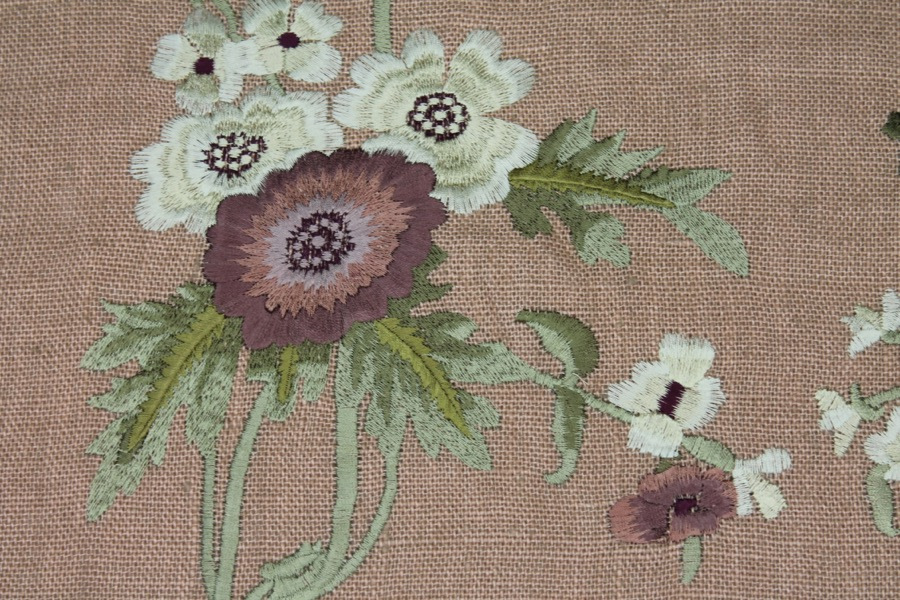 Floral Embroidered Linen in Plum and Pale Green on Tea Rose fabric, image 4 of 9