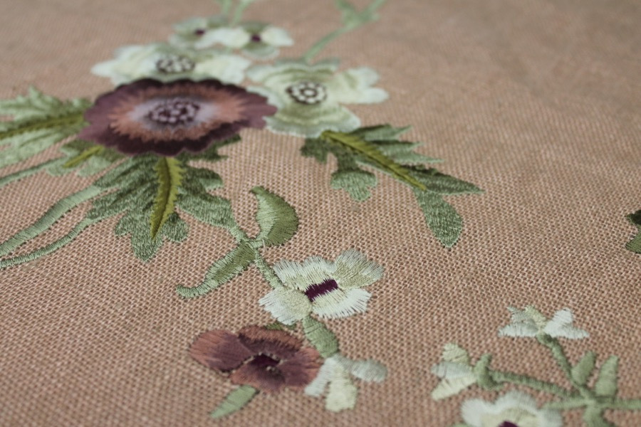 Floral Embroidered Linen in Plum and Pale Green on Tea Rose fabric, image 2 of 9