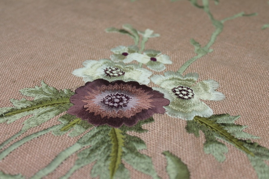 Floral Embroidered Linen in Plum and Pale Green on Tea Rose fabric, image 3 of 9