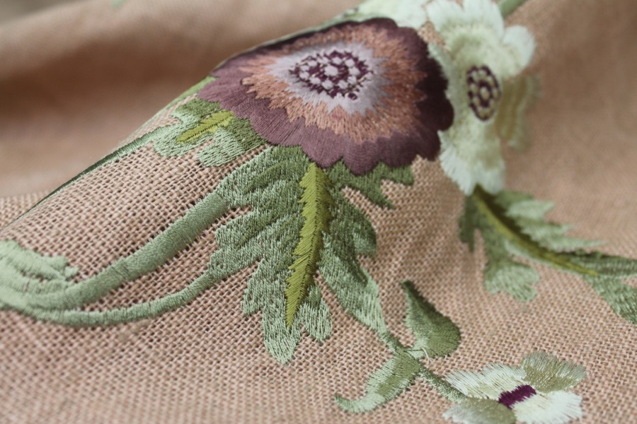 Floral Embroidered Linen in Plum and Pale Green on Tea Rose fabric