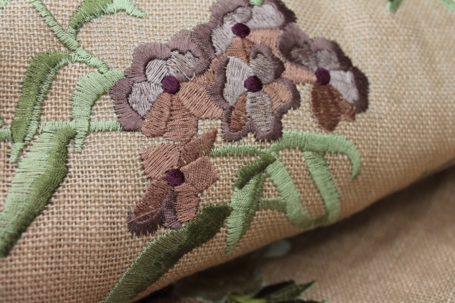 Floral Embroidered Linen in Plum and Pale Green on Tea Rose fabric, image 9 of 9