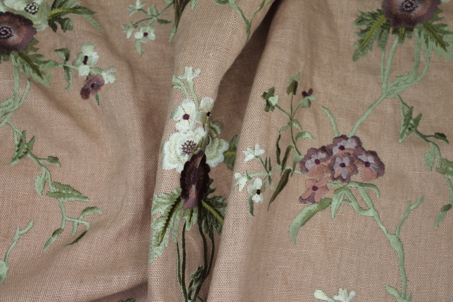 Floral Embroidered Linen in Plum and Pale Green on Tea Rose fabric, image 8 of 9