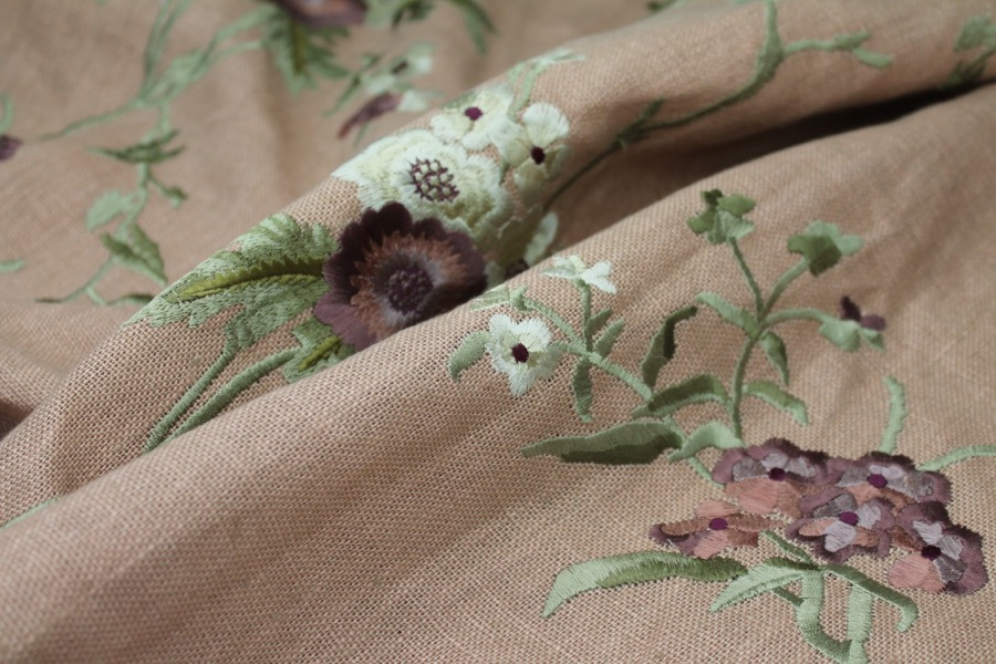 Floral Embroidered Linen in Plum and Pale Green on Tea Rose fabric, image 7 of 9