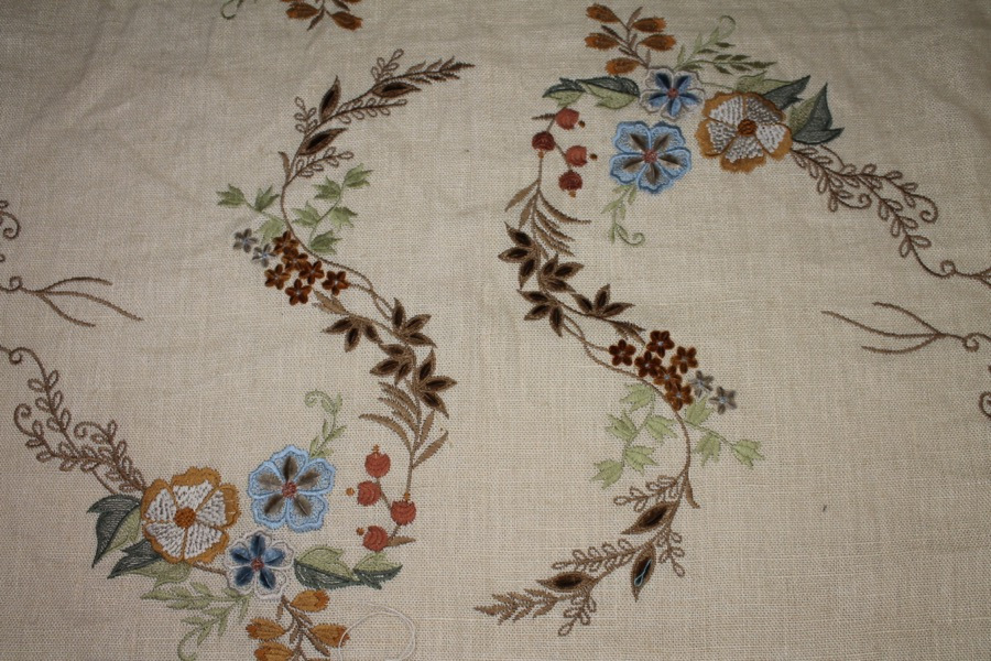 Floral Embroidered Linen in Blue, Orange and Greens on Cream fabric, image 3 of 9