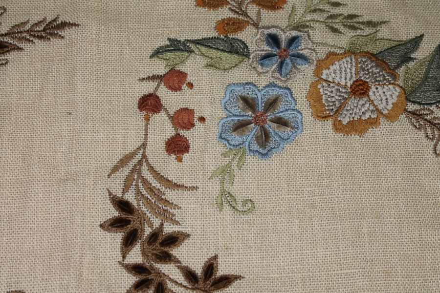 Floral Embroidered Linen in Blue, Orange and Greens on Cream fabric, image 5 of 9