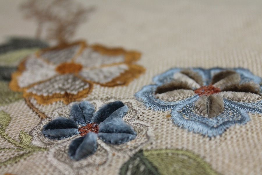 Floral Embroidered Linen in Blue, Orange and Greens on Cream fabric, image 2 of 9