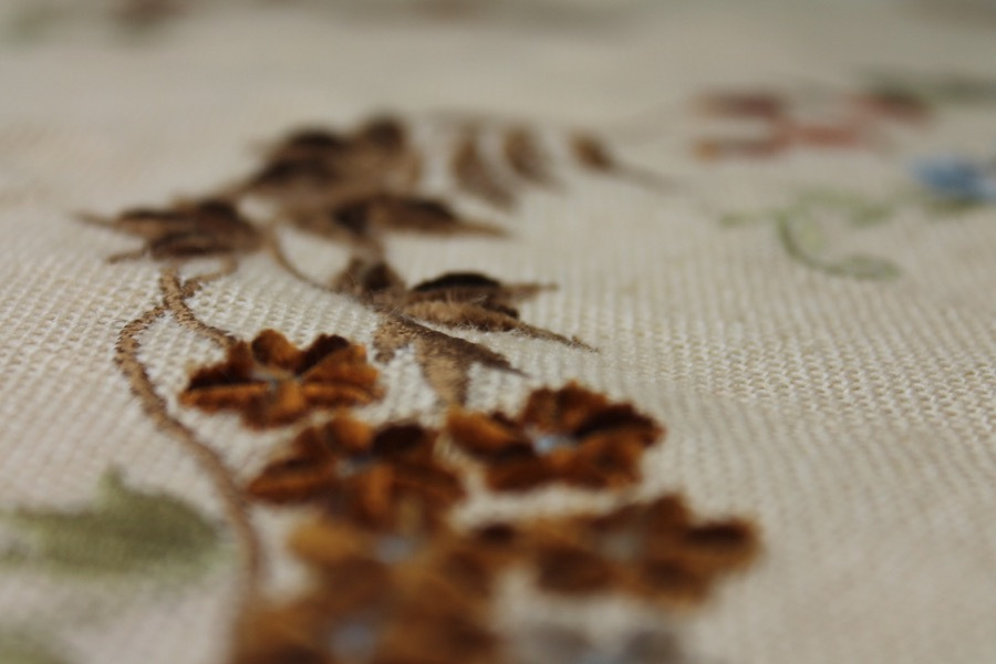 Floral Embroidered Linen in Blue, Orange and Greens on Cream fabric, image 4 of 9