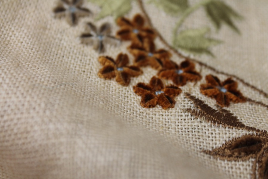 Floral Embroidered Linen in Blue, Orange and Greens on Cream fabric, image 8 of 9