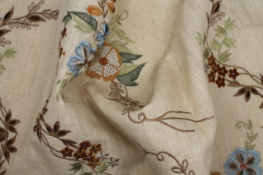 Floral Embroidered Linen in Blue, Orange and Greens on Cream fabric, image 7 of 9