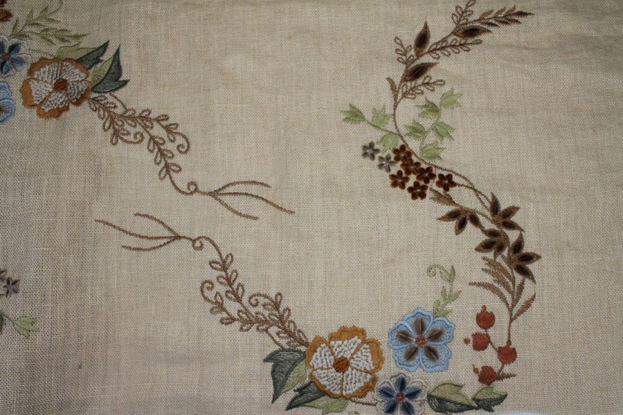 Floral Embroidered Linen in Blue, Orange and Greens on Cream fabric, image 6 of 9