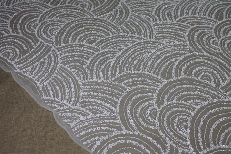 Beaded Wave Pattern Tulle - Ivory with Sequins and Glass Beads fabric