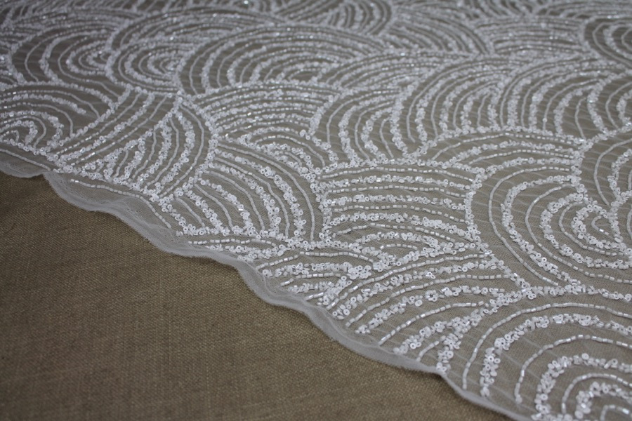 Beaded Wave Pattern Tulle - Ivory with Sequins and Glass Beads fabric, image 4 of 11