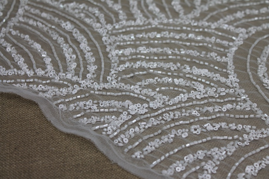 Beaded Wave Pattern Tulle - Ivory with Sequins and Glass Beads fabric, image 3 of 11