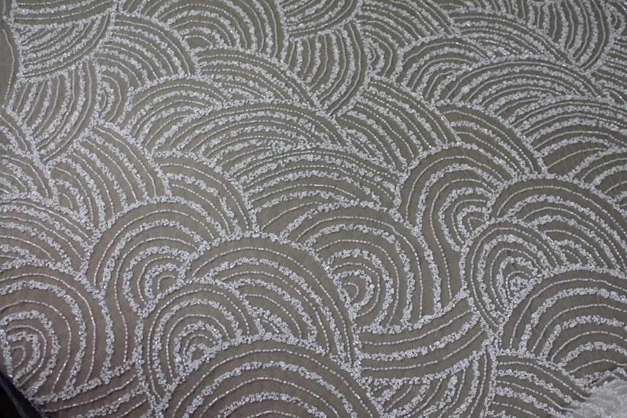 Beaded Wave Pattern Tulle - Ivory with Sequins and Glass Beads fabric, image 2 of 11