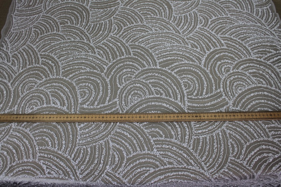 Beaded Wave Pattern Tulle - Ivory with Sequins and Glass Beads fabric, image 7 of 11