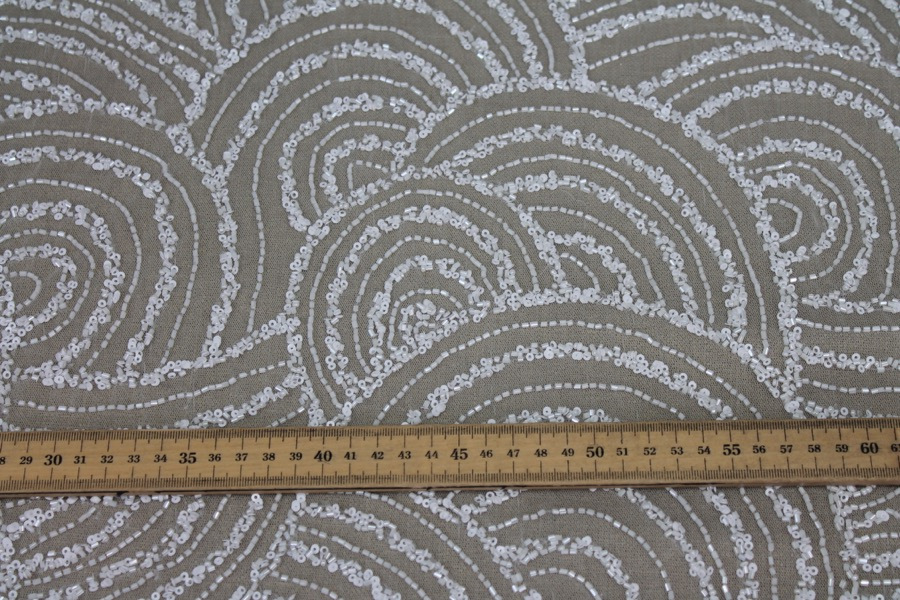 Beaded Wave Pattern Tulle - Ivory with Sequins and Glass Beads fabric, image 10 of 11