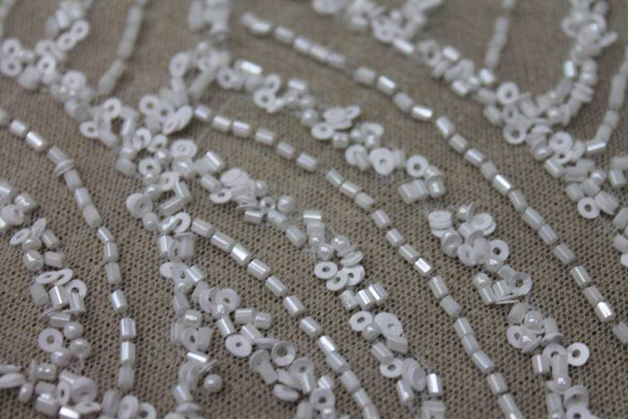 Beaded Wave Pattern Tulle - Ivory with Sequins and Glass Beads fabric, image 5 of 11