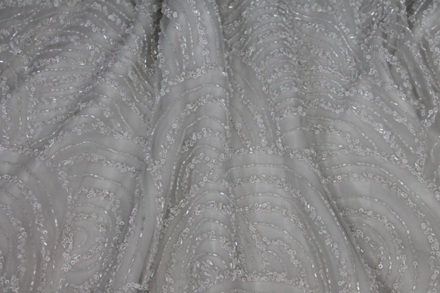 Beaded Wave Pattern Tulle - Ivory with Sequins and Glass Beads fabric, image 6 of 11