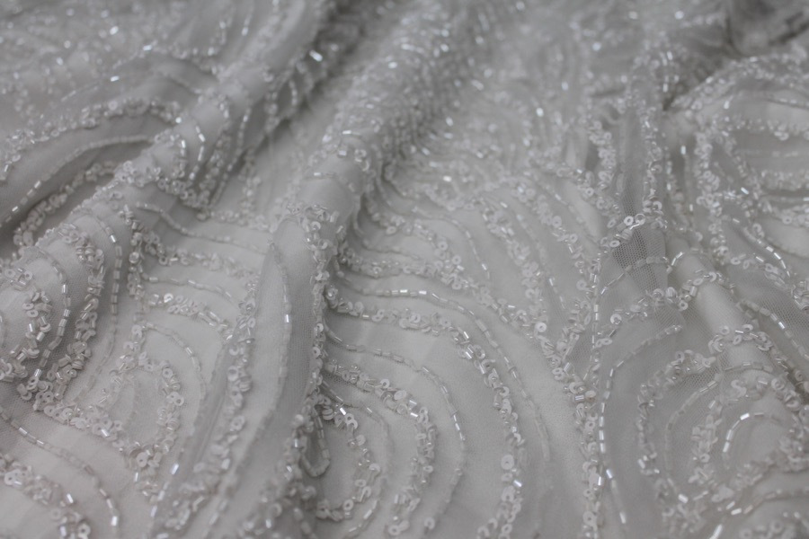 Beaded Wave Pattern Tulle - Ivory with Sequins and Glass Beads fabric, image 9 of 11