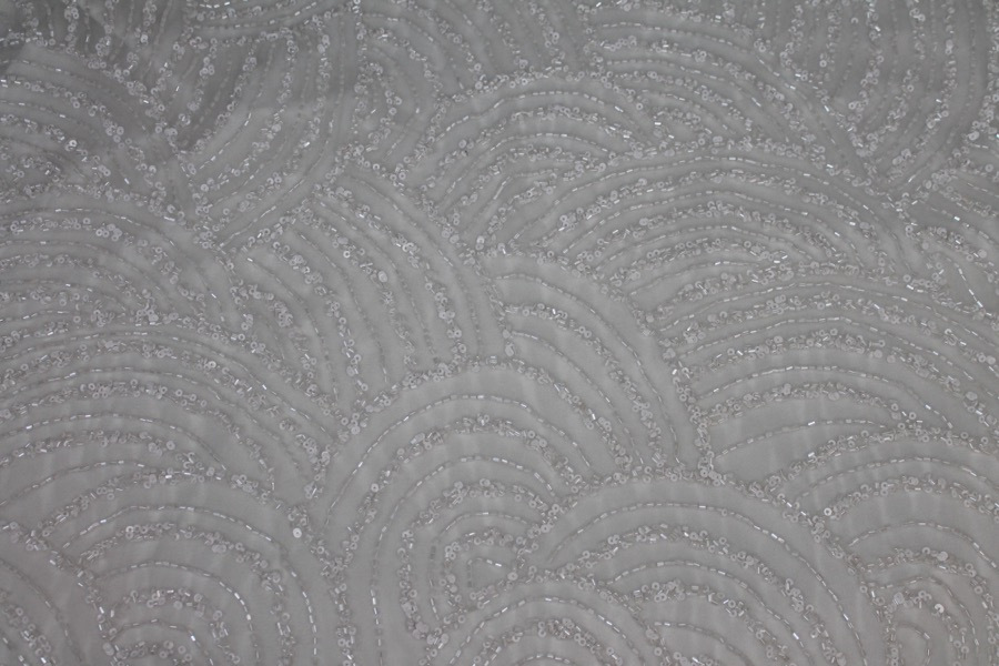Beaded Wave Pattern Tulle - Ivory with Sequins and Glass Beads fabric, image 8 of 11