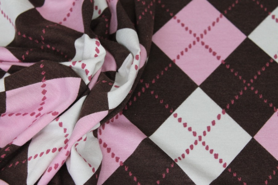 Argyle Check Print Jersey - Pink/Ivory/Brown fabric
