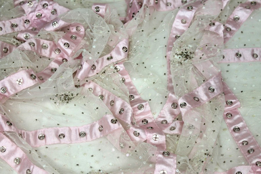 Beaded Tulle with Pink Satin Ribbon and Press Stud Decoration fabric, image 4 of 10
