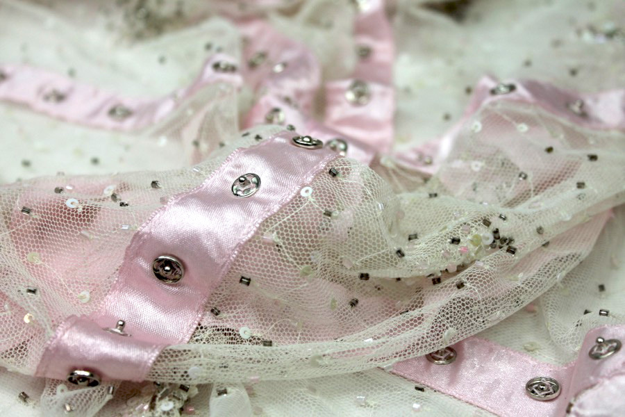 Beaded Tulle with Pink Satin Ribbon and Press Stud Decoration fabric, image 6 of 10