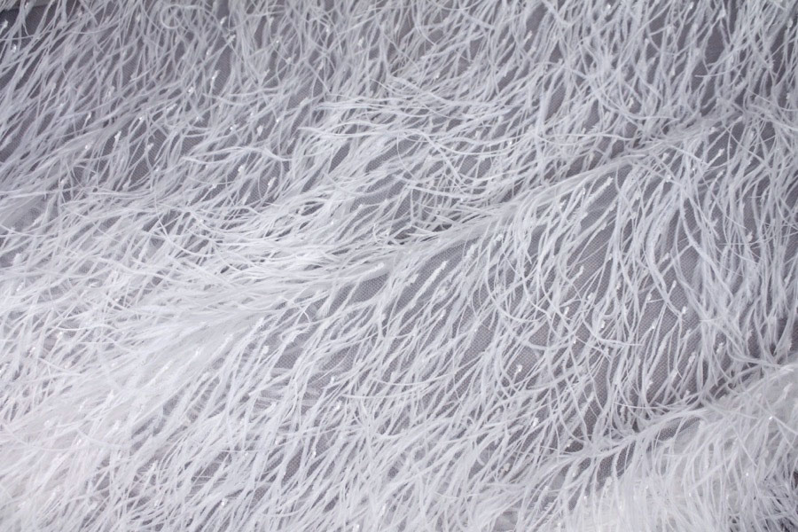 Beads and Ostrich Feathers on Tulle - White on Off-White fabric, image 2 of 3