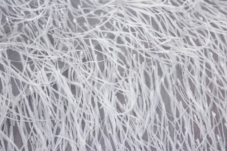 Beads and Ostrich Feathers on Tulle - White on Off-White fabric, image 3 of 3