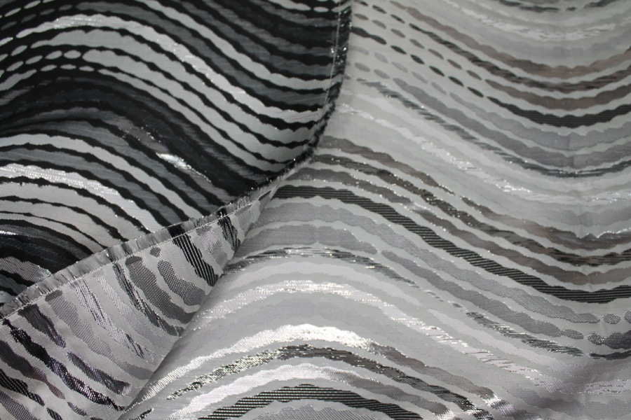Reversible Black, Grey and Silver Wavy Brocade fabric