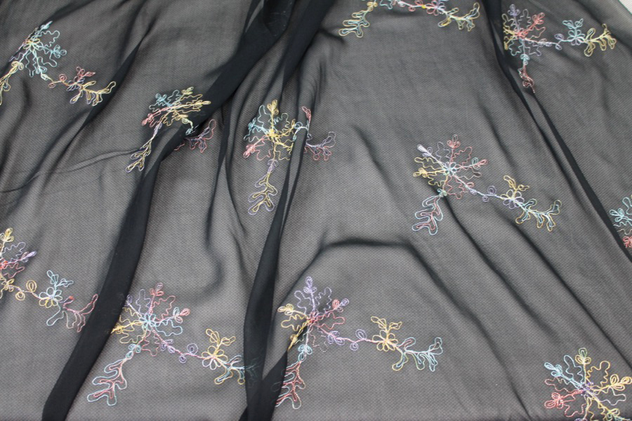 Black Silk Chiffon with Colourful Snowflake Flowers fabric, image 2 of 5