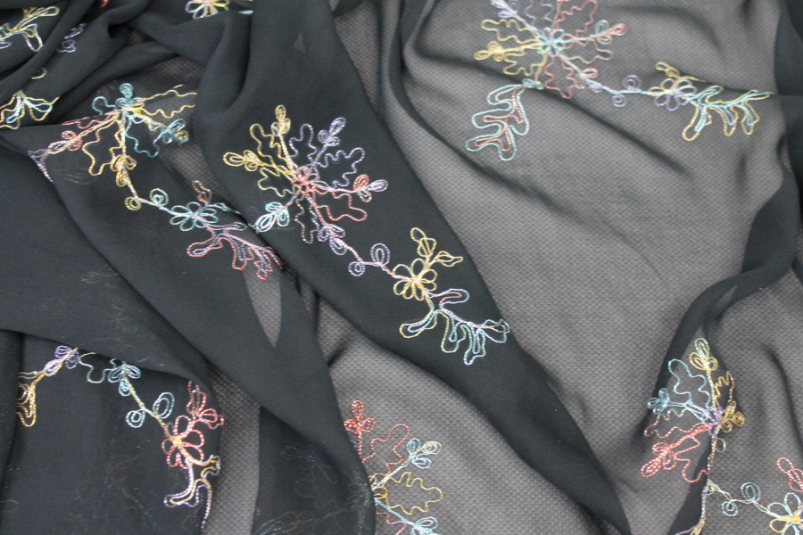 Black Silk Chiffon with Colourful Snowflake Flowers fabric, image 3 of 5