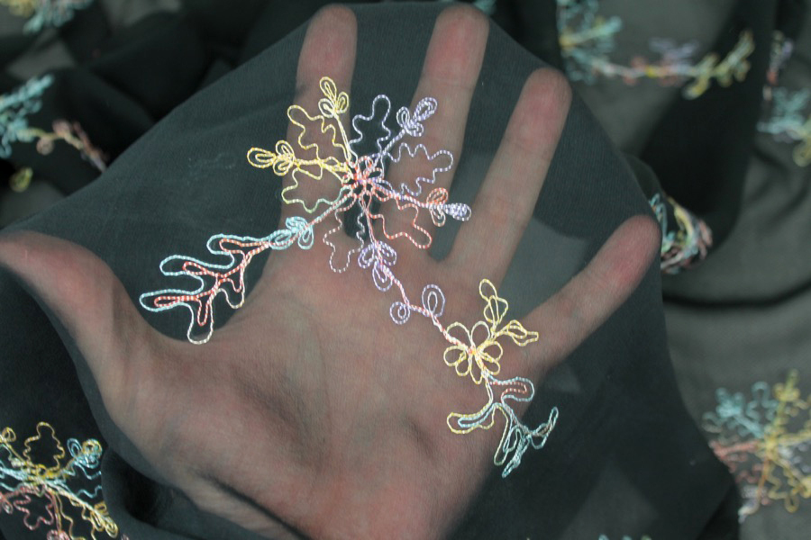 Black Silk Chiffon with Colourful Snowflake Flowers fabric, image 4 of 5