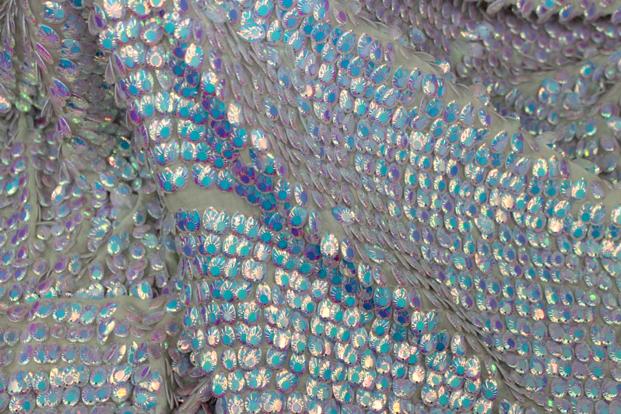 Dragon Scale Sequin in Iridescent White On Silk Chiffon fabric