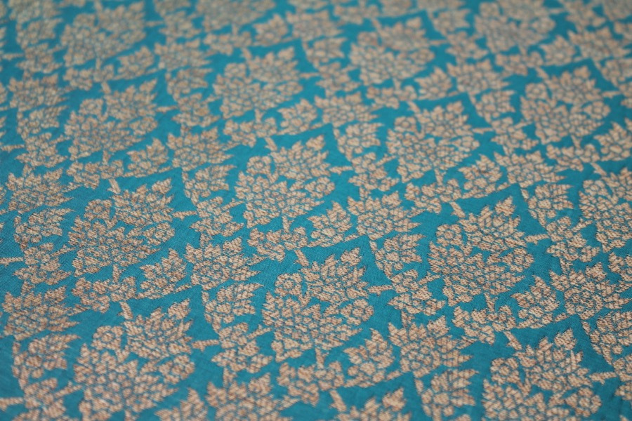 Teal and Gold Ornamental Brocade fabric, image 3 of 8