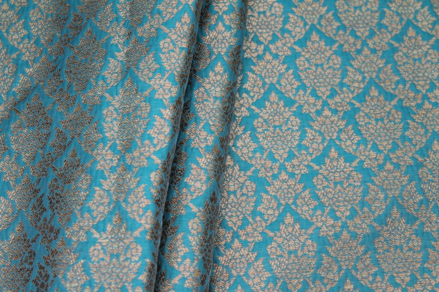 Teal and Gold Ornamental Brocade fabric, image 6 of 8