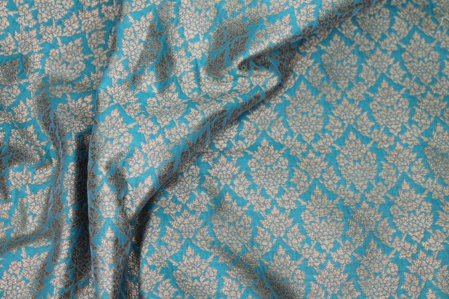 Teal and Gold Ornamental Brocade fabric, image 5 of 8